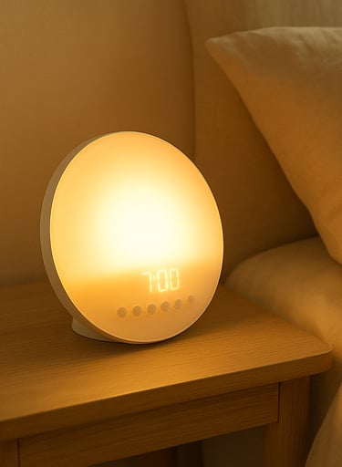 Sunrise alarm clock glowing softly on a minimal nightstand with linen bedding.