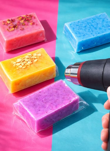 Shrink-wrapped soap bars with smooth, glossy finish.