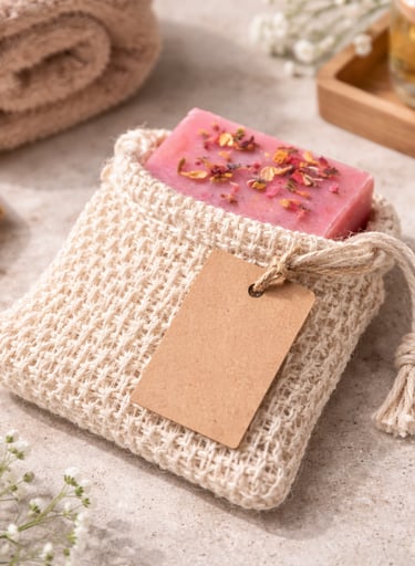 Soap inside a natural sisal soap saver bag with a hang tag attached