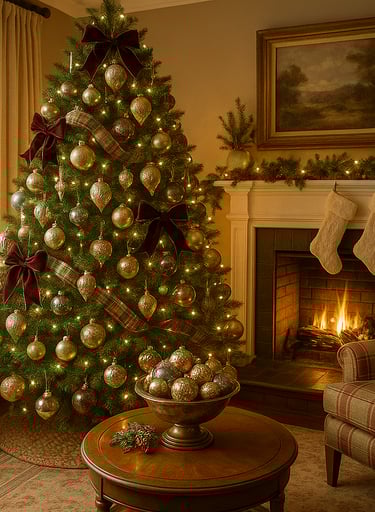A nostalgic vintage Christmas tree with glass ornaments, velvet bows, and plaid ribbon. Warm golden
