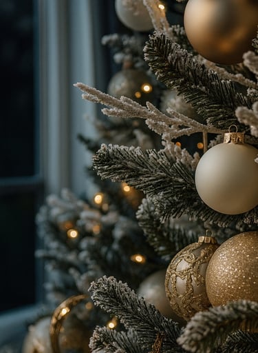 Neutral luxe Christmas tree in champagne and ivory tones with warm light.