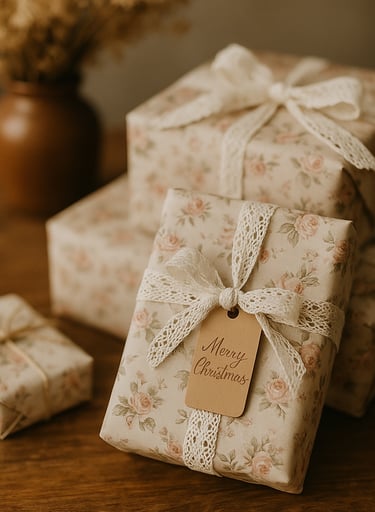 Cottagecore Christmas wrapping with floral paper and lace ribbon.
