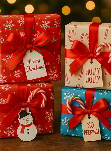 Whimsical colorful Christmas wrapping with candy canes and snowflake paper.