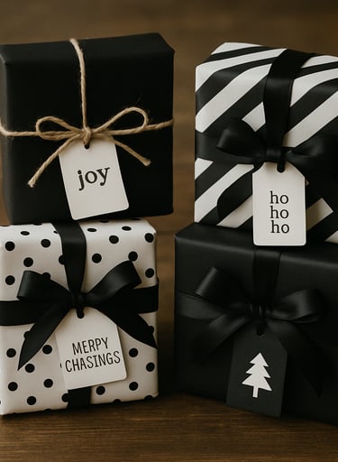 Modern black-and-white monochrome Christmas wrapping with minimalist design.
