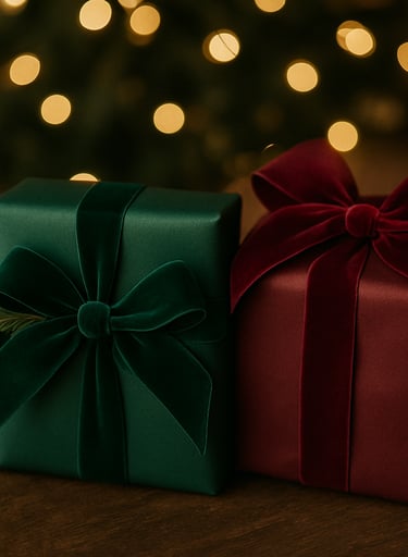 Elegant Christmas gift wrapping with velvet ribbons in jewel tones.