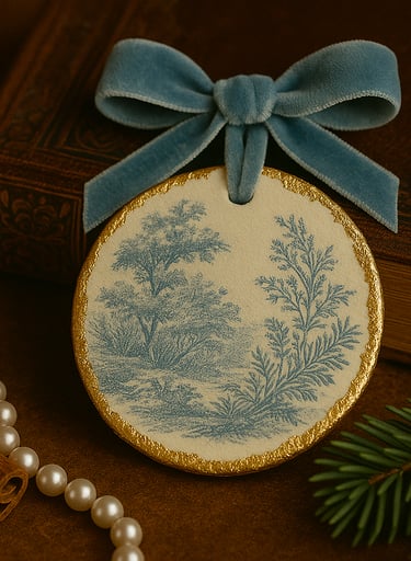 Toile-pattern ornament with gold foil edge.