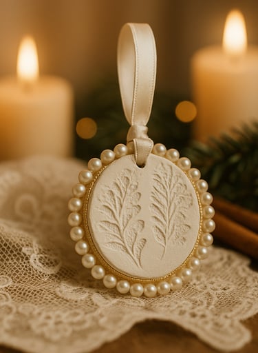 White lace-textured ornament with pearl edge.