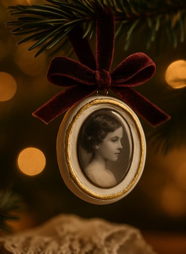 Photo cameo ornament with resin coating.