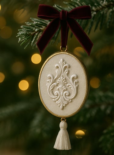 Frosted white filigree ornament on tree.
