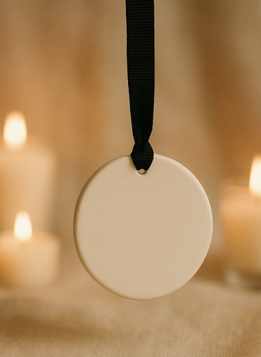 Minimalist matte ivory ornament with ribbon.