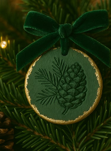 Pinecone imprint ornament in green and gold.