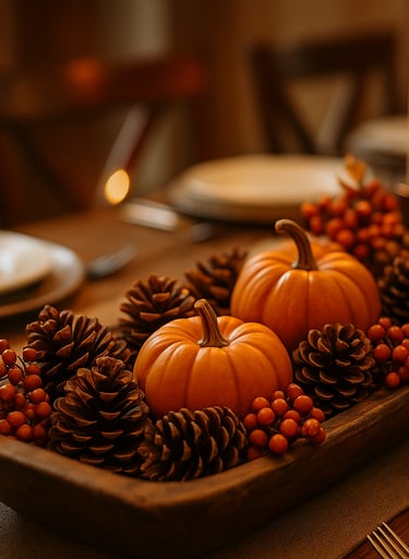 Farmhouse Thanksgiving centerpiece with pumpkins, pinecones, and faux berries in a dough bowl.