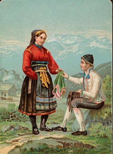 A painting of a main and woman in traditional costume with mountains in the background