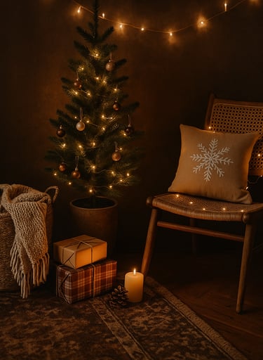 Cozy Christmas candles and lanterns glowing on a wooden table with pine garland and fairy lights.
