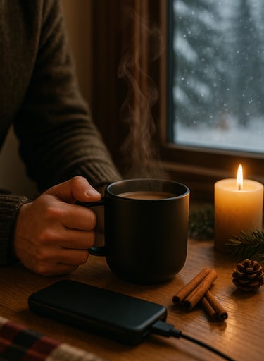 Man holding steaming smart mug by window with snow falling, candle and cinnamon sticks nearby.