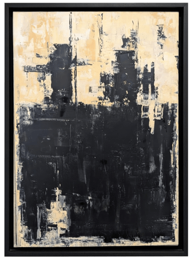 Pintura abstracta contemporánea de María Montaña en blanco y negro, técnica de empaste con textura 