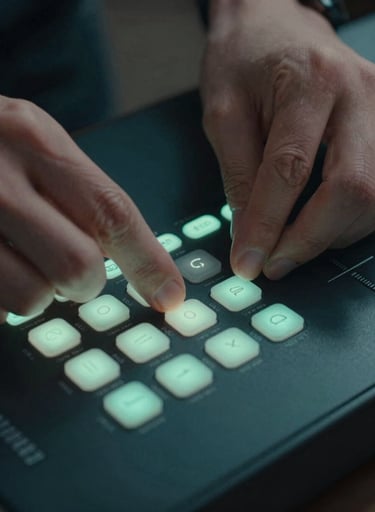 A close-up photograph of a professional's hands using a color grading control surface. The buttons are backlit with a soft seafoam glow against a dark midnight teal background.