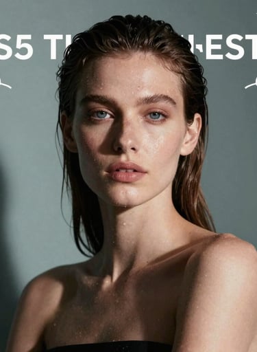 A sharp, high-fashion commercial portrait of a model in a high-contrast setting with muted slate blue-green shadows.