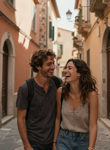 A spontaneous, authentic photo of a couple laughing together in a narrow street in Southern European / Italian architecture. Warm sunlight illuminates the ochre and sand-colored walls. Cinematic lifestyle photography focusing on genuine emotion.