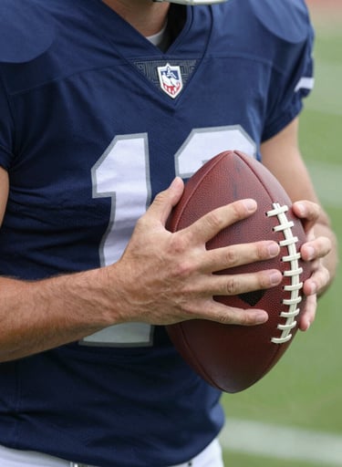 Close-up of the athlete's hands securing a football during a handoff. Sharp detail on the texture of the ball and the navy blue jersey (#1C2B3A). Professional sports photography.