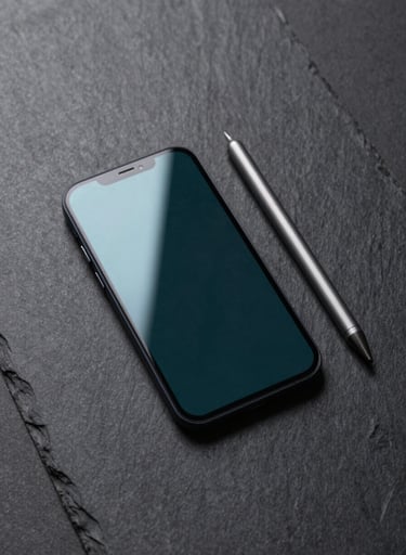 A top-down view of a modern smartphone placed on a dark slate gray surface. Beside it is a professional stylus. The composition is minimalist, highlighting sleek tech design. Lighting is sharp, creating crisp teal highlights on the glass surface.