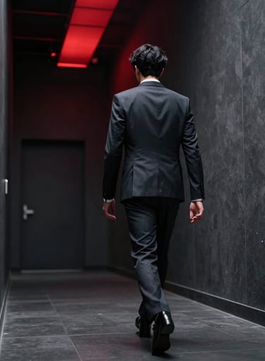 A stylized low-angle photograph of a person in a sleek dark suit walking through a dark grey industrial hallway lit by a single deep red light beam from above. Cinematic and powerful storytelling.