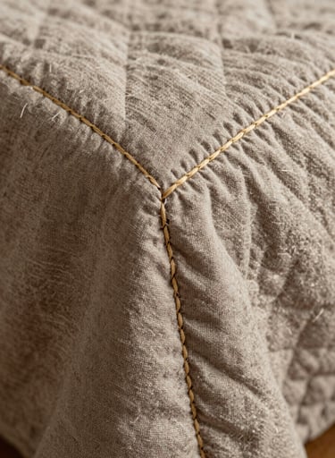 An extreme close-up of a quilt's corner, showing the intricate, even stitches of a master quilter. The fabric is a warm taupe linen, with thread in a contrasting soft sand color. The focus is sharp on the texture of the fabric fibers and the rhythmic pattern of the needlework.