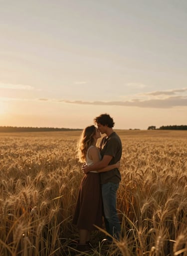 A candid, wide-angle photograph of a couple embracing in a golden wheat field during sunset in the North American / US countryside. The mood is deeply personal and romantic, with a sun-drenched, cinematic glow. Earthy deep brown and terracotta accents.