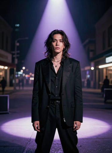 A dramatic, cinematic portrait of a musical artist with an unconventional aesthetic standing in a North American urban setting at night, lit by a sharp lavender spotlight.