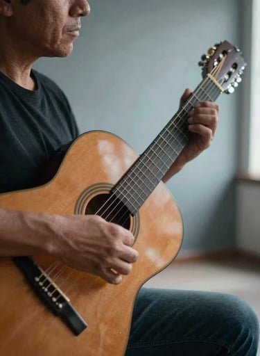 A close-up, artistic shot of a musician's hands playing an acoustic guitar. The setting is a minimalist room in a Latin American / Spanish home with natural light. The color palette features cool grey blue and warm wood tones.