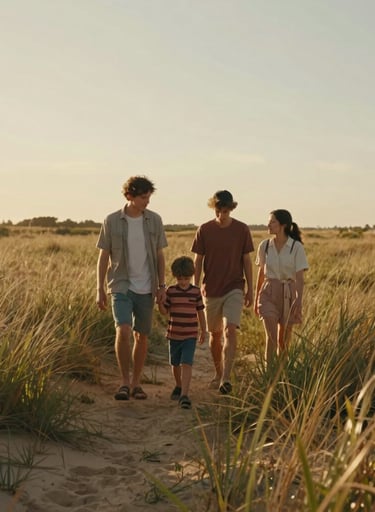 A cinematic landscape shot of a young family walking through tall grass at golden hour, warm sun-drenched lighting, soft sand and terracotta hues.
