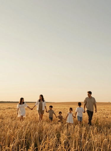 A candid photograph of a family walking through a golden field in Burlington, North American / Canadian, during sunset, soft warm lighting, minimalist composition with ample sky, off-white and taupe clothing tones.