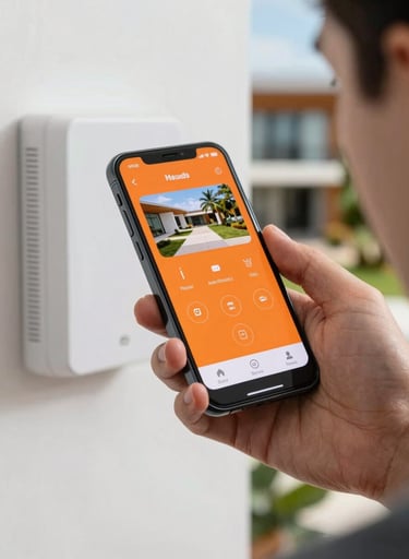 Close up of a professional technician's hand using a smartphone to configure a security system, display shows a vibrant orange interface, blurred South American / Brazilian modern home background.