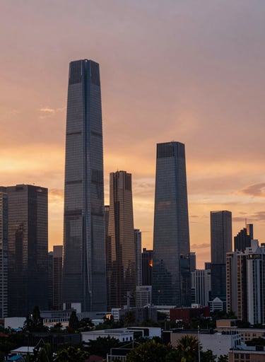 A wide-angle landscape photograph of a metropolitan skyline in a major International / Western city during the golden hour. The sky is filled with Warm Sunset Ochre and Dusty Rose Petal hues. Modern glass skyscrapers reflect the light, creating a clean, sophisticated architectural scene.