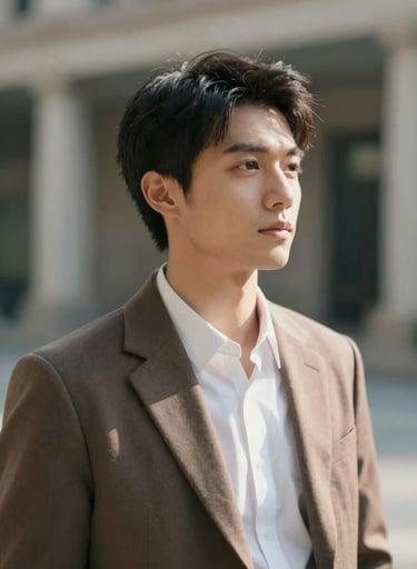 Spontaneous, cinematic portrait of a creative professional in a blurred architectural setting. The person is looking away, natural sunlight. Sophisticated palette of #F8F6F2 and #3A3F3B. Clean composition.