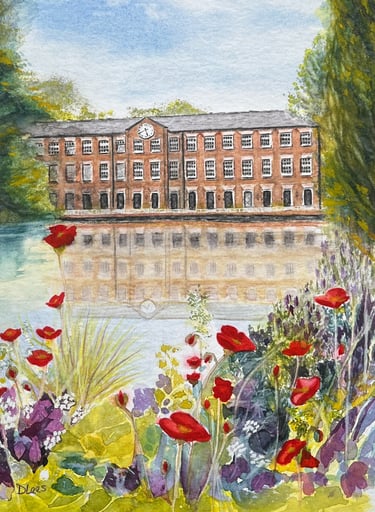 Watercolour of a Mill and pond with flowers in the foreground
