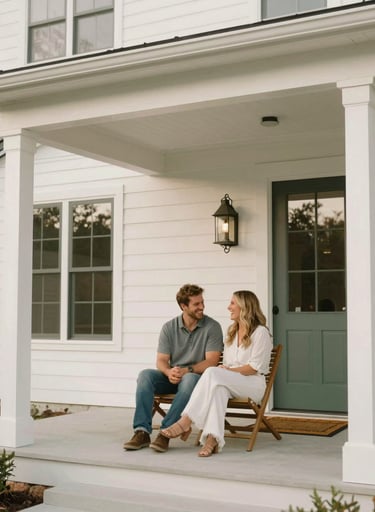A professional wide-shot of a couple sitting on the porch of a modern North American / US farmhouse. They are sharing a warm, inviting laugh. The atmosphere is sophisticated and clean, using a palette of Off-white and Sage Green.