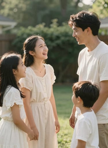 A young family playing together in a North American / US backyard, natural and candid style, soft sunlight, focus on genuine laughter, Warm Off-white and Sage Green color palette.