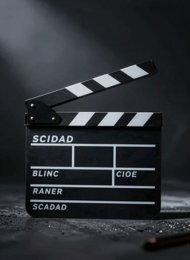 Moody, high-contrast shot of a clapboard on a professional set, deep shadows #0A0A0A, elegant light streaks, cinematic atmosphere.
