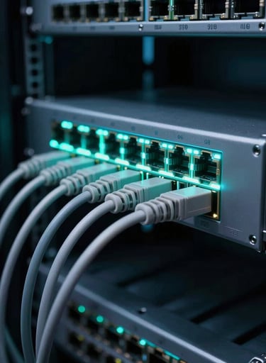 A professional photograph of a glowing network switch in a dark server room. The cables are organized with extreme precision. Muted teal and soft steel blue lighting creates a high-tech atmosphere.