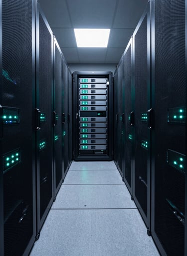A wide-angle photograph of a secure server room. The perspective is low, looking down a narrow aisle of black server racks with small, glowing status lights in cool slate and steel teal. The overall atmosphere is dark, professional, and high-competence.