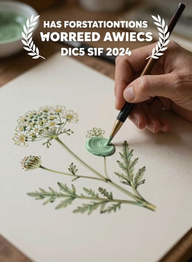 An artist's hand carefully applying a thin layer of sage green paint to a botanical illustration of a wildflower. The lighting is soft and warm, emphasizing the artisan process.
