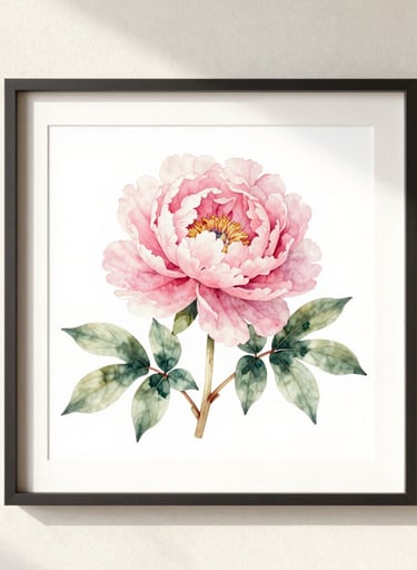 A clean, bright photograph of a framed watercolor painting of a soft pink peony with sage green leaves, hanging on a cream-colored wall under soft, natural morning light.