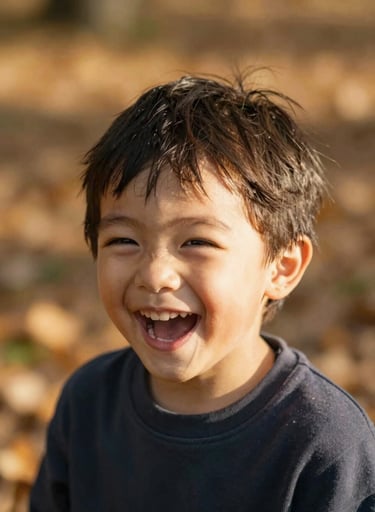 A candid, close-up portrait of a young child laughing, bathed in the warm, natural light of a late afternoon. The background is a soft-focus blur of autumn leaves. The lighting highlights the fine details and creates a sun-drenched, nostalgic atmosphere.