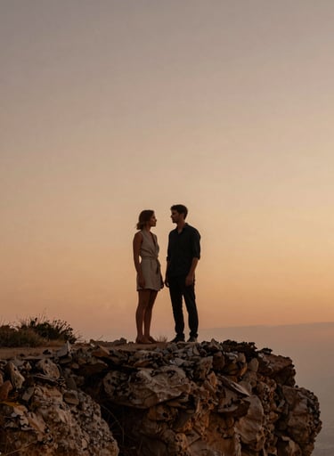 A wide cinematic shot of a couple standing on a cliffside in Southern Europe at sunset. The sky is a gradient of terracotta and pale tan. They are dressed in casual, refined elegance.
