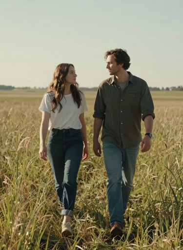 Lifestyle shot of a couple walking through a field of tall grass, North American countryside, hazy sun-drenched atmosphere, cinematic candid style.