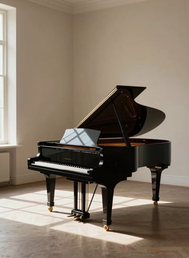 A wide, cinematic shot of a grand piano standing alone in a room with taupe walls. Soft off-white light filters through a high window, casting long, artistic shadows across the floor. Elegant and immersive composition.