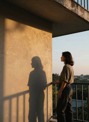 A couple standing on a balcony at sunrise, looking at each other. Cinematic lighting with long dark charcoal shadows and bright golden oak highlights. Authentic, quiet human connection.