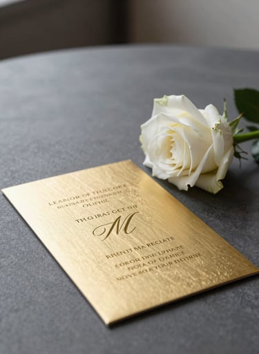Detail shot of a minimalist proposal setup: a single white rose on a charcoal table with a brushed gold invitation, high-end North American interior, clean composition.