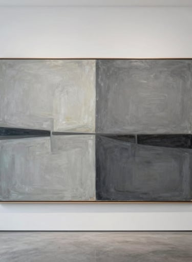 A large-scale minimalist abstract oil painting hanging on a white smoke wall in a spacious European gallery. The artwork features a composition of various light gray and dark gray tones, emphasizing emptiness and balance.